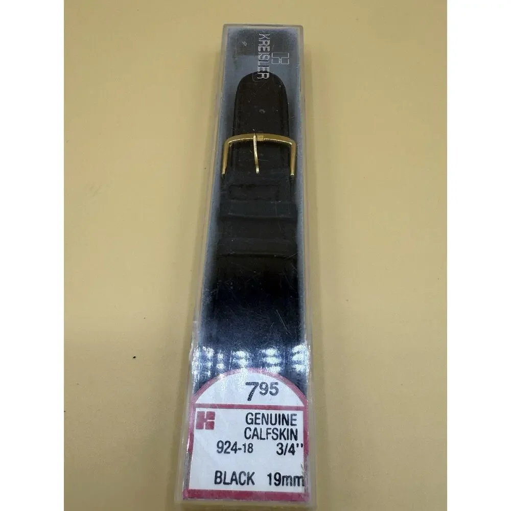 19mm KREISLER Genuine Calfskin Black NOS Vintage Watch Band & Gold-Tone Buckle